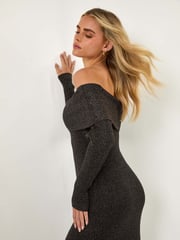 Roman Black Petite Metallic Knit Bardot Midi Dress - Image 3 of 6