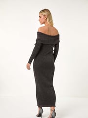 Roman Black Petite Metallic Knit Bardot Midi Dress - Image 4 of 6