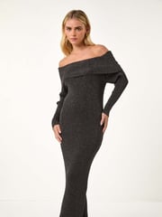 Roman Black Petite Metallic Knit Bardot Midi Dress - Image 5 of 6