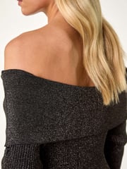 Roman Black Petite Metallic Knit Bardot Midi Dress - Image 6 of 6