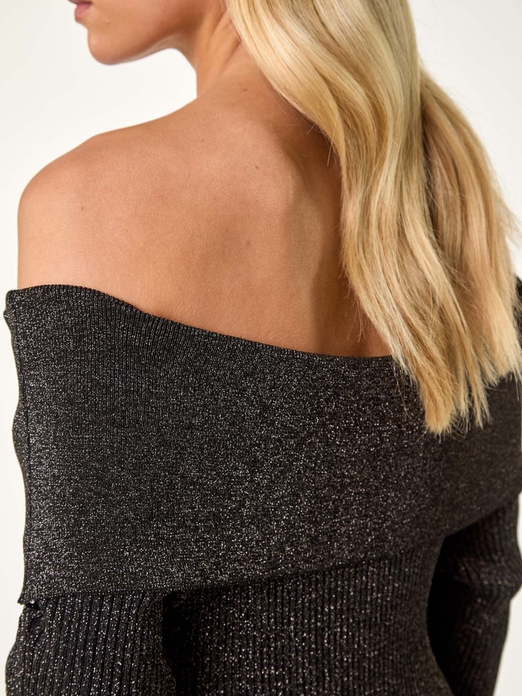 Roman Black Petite Metallic Knit Bardot Midi Dress - Image 6 of 6