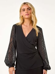 Roman Black Petite Jacquard Contrast V-Neck Wrap Top - Image 5 of 6