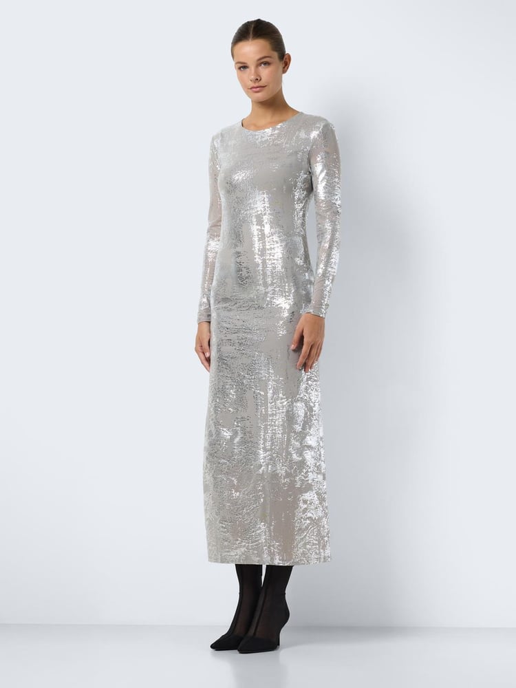 NOISY MAY Silver Long Sleeve Mesh Maxi Party Dress - Image 1 of 3 NOISY MAY Silver Long Sleeve Mesh Maxi Party Dress - Image 1 of 3