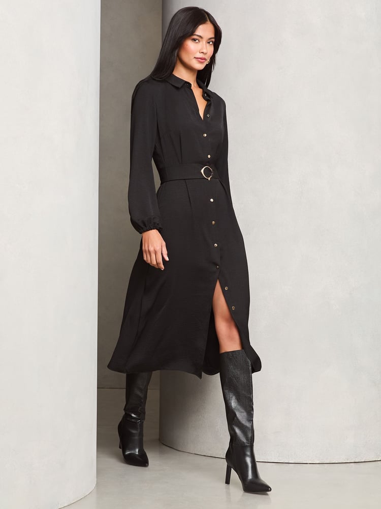 Lipsy Black Petite Midi Long Sleeve Button Through Shirt Dress - Image 2 of 4