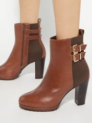 Dune London Brown Oreanix Double Buckle Block Heel Boots - Image 1 of 5