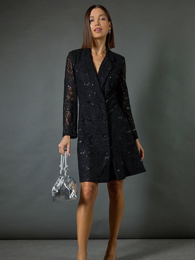 Roman Black Sequin Lace Blazer Dress - Image 2 of 8