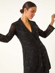 Roman Black Sequin Lace Blazer Dress - Image 4 of 8