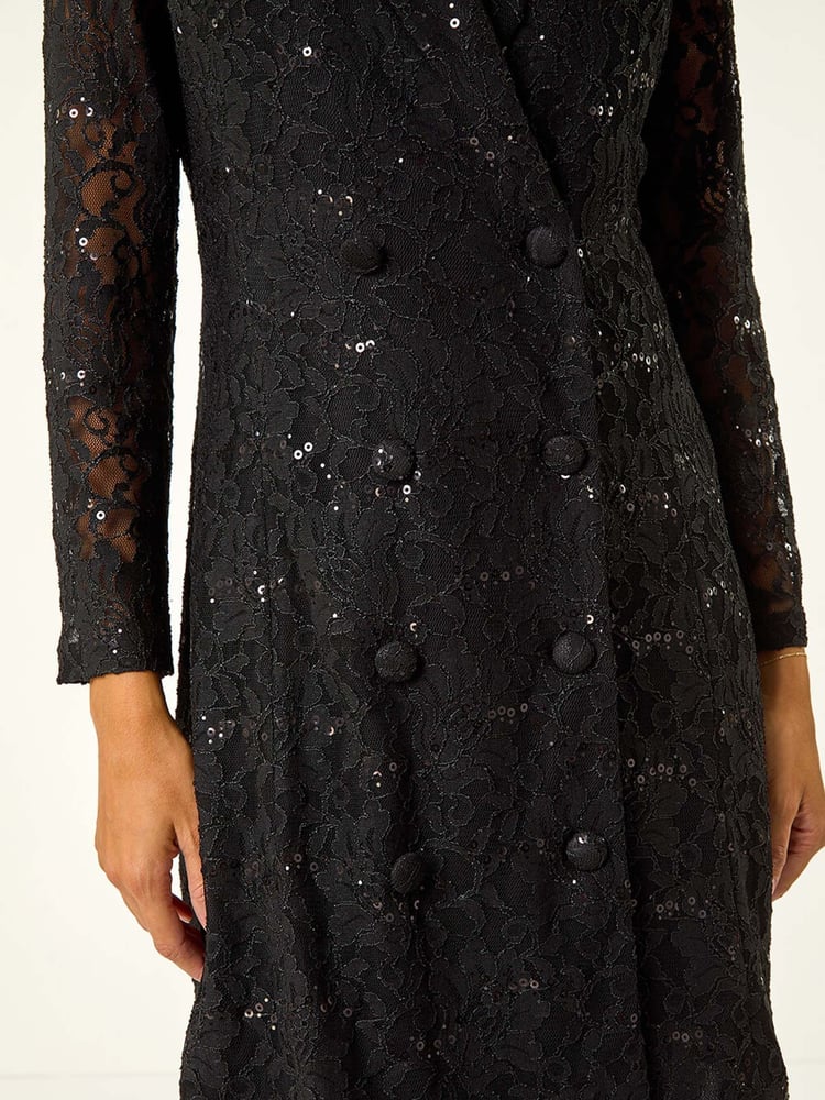 Roman Black Sequin Lace Blazer Dress - Image 8 of 8
