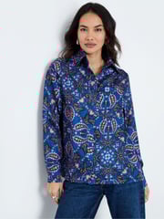 Another Sunday Blue Cobalt Oversized Animal Paisley Print Satin Shirt - Image 1 of 4