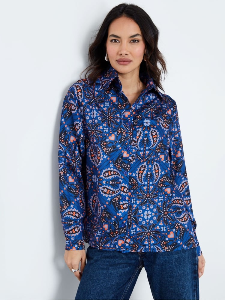 Another Sunday Blue Cobalt Oversized Animal Paisley Print Satin Shirt - Image 1 of 4