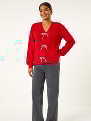 Roman Red Bow Embelished Knit Cardigan - Image 1 of 5
