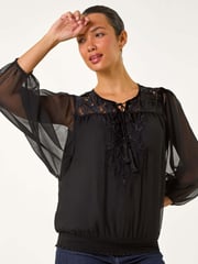 Roman Black Embroidered Lace Shirred Hem Top - Image 1 of 5