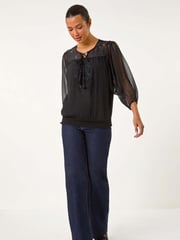 Roman Black Embroidered Lace Shirred Hem Top - Image 2 of 5