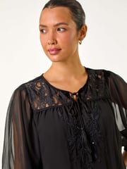 Roman Black Embroidered Lace Shirred Hem Top - Image 4 of 5