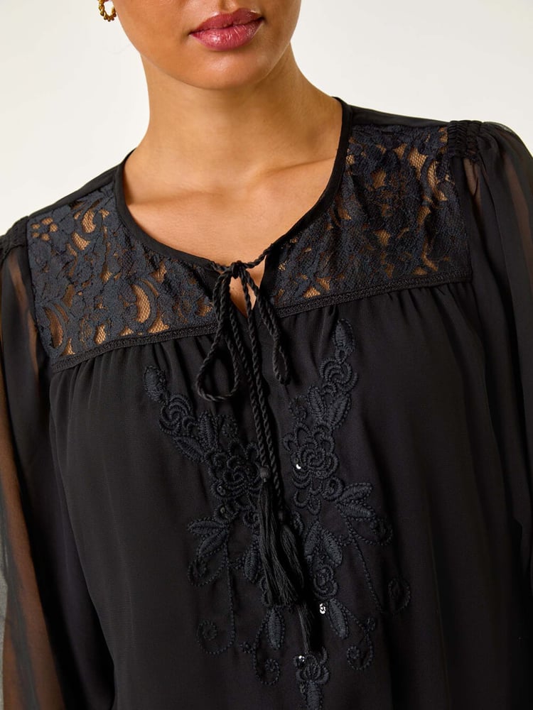 Roman Black Embroidered Lace Shirred Hem Top - Image 5 of 5