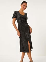 Roman Black Velvet Ruched Front Stretch Midi Dress - Image 3 of 6