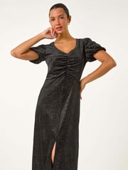 Roman Black Velvet Ruched Front Stretch Midi Dress - Image 5 of 6