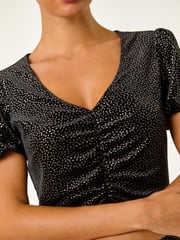 Roman Black Velvet Ruched Front Stretch Midi Dress - Image 6 of 6
