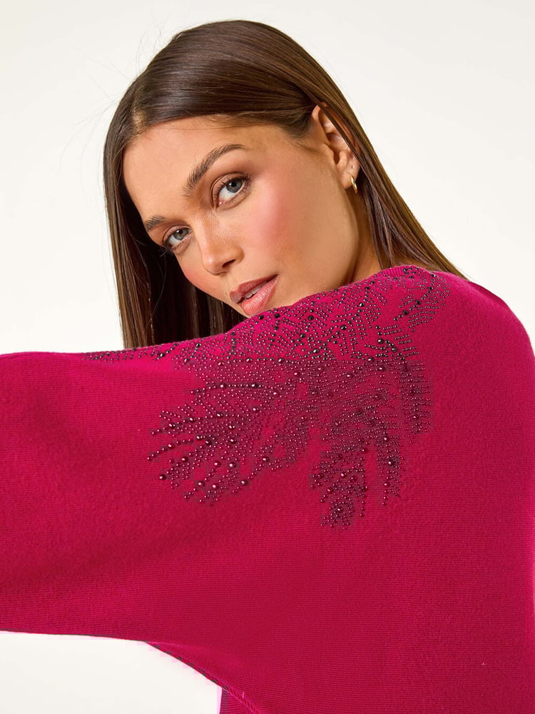Roman Pink Leaf Hotfix Batwing Knit Jumper - Image 1 of 5