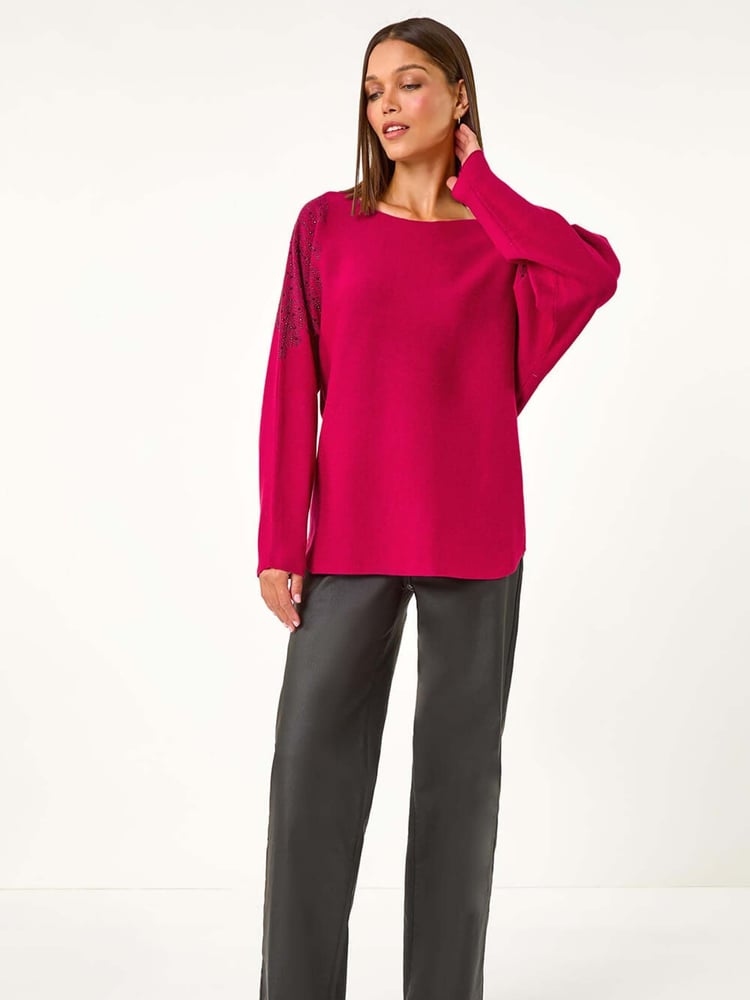 Roman Pink Leaf Hotfix Batwing Knit Jumper - Image 2 of 5
