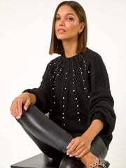 Roman Black Graduated Faux Pearl Cable Knit Jumper - Image 1 of 6