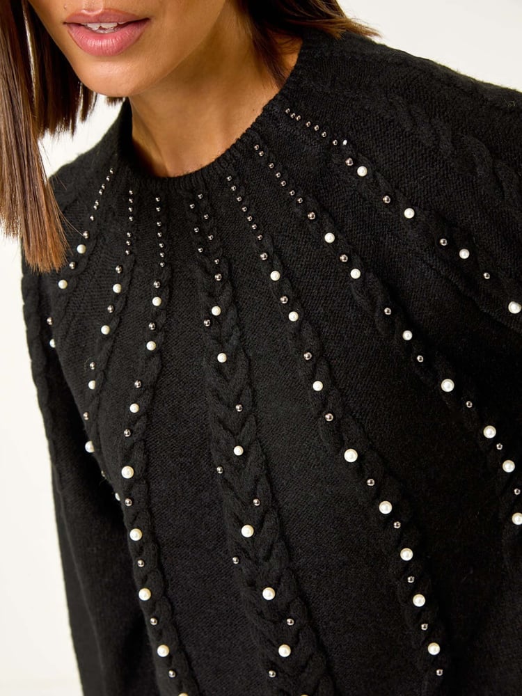 Roman Black Graduated Faux Pearl Cable Knit Jumper - Image 6 of 6