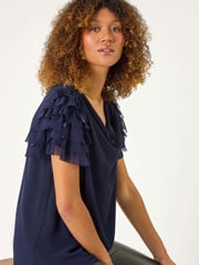 Roman Blue Cowl Neck Shoulder Sequin Frill Top - Image 1 of 5