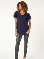 Roman Blue Cowl Neck Shoulder Sequin Frill Top - Image 2 of 5