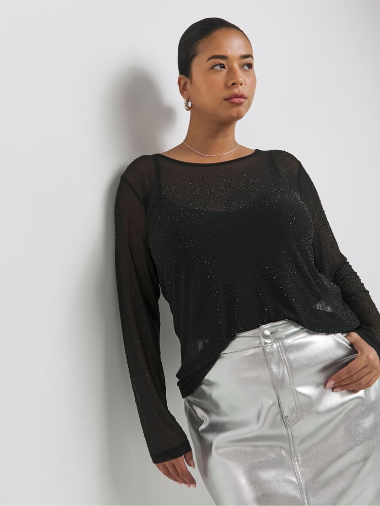 Simply Be Black Hot Fix Mesh Top - Image 1 of 4