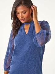 Roman Blue Twist Neck Glitter Mesh Top - Image 1 of 5