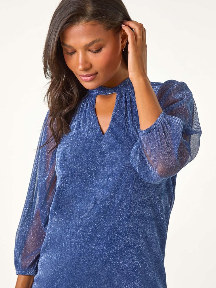 Roman Blue Twist Neck Glitter Mesh Top - Image 1 of 5