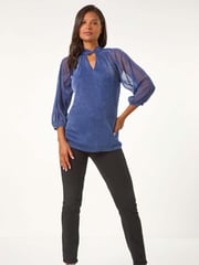 Roman Blue Twist Neck Glitter Mesh Top - Image 2 of 5