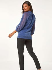 Roman Blue Twist Neck Glitter Mesh Top - Image 3 of 5
