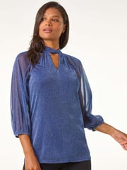 Roman Blue Twist Neck Glitter Mesh Top - Image 4 of 5