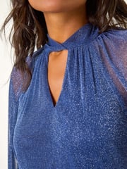 Roman Blue Twist Neck Glitter Mesh Top - Image 5 of 5