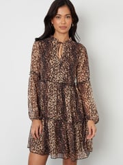 Threadbare Brown Leopard Print Tiered Chiffon Mini Dress - Image 1 of 4