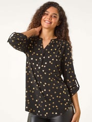 Roman Metallic Foil Heart Placket Stretch Top - Image 5 of 6
