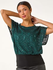 Roman Green Sequin Lace Stretch Overlay Top - Image 3 of 6