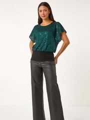 Roman Green Sequin Lace Stretch Overlay Top - Image 4 of 6