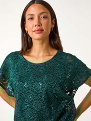 Roman Green Sequin Lace Stretch Overlay Top - Image 5 of 6
