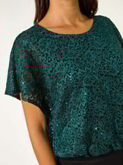 Roman Green Sequin Lace Stretch Overlay Top - Image 6 of 6
