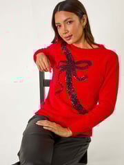 Roman Red Sequin Bow Detail Festive Christmas Jumper - Image 1 of 5