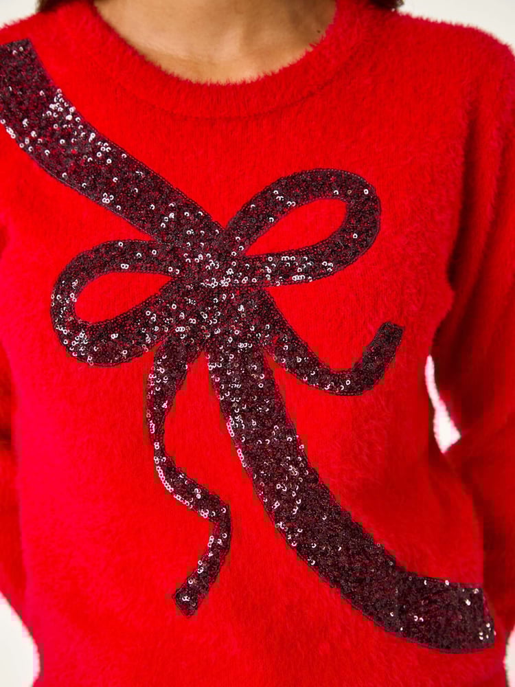 Roman Red Sequin Bow Detail Festive Christmas Jumper - Image 5 of 5