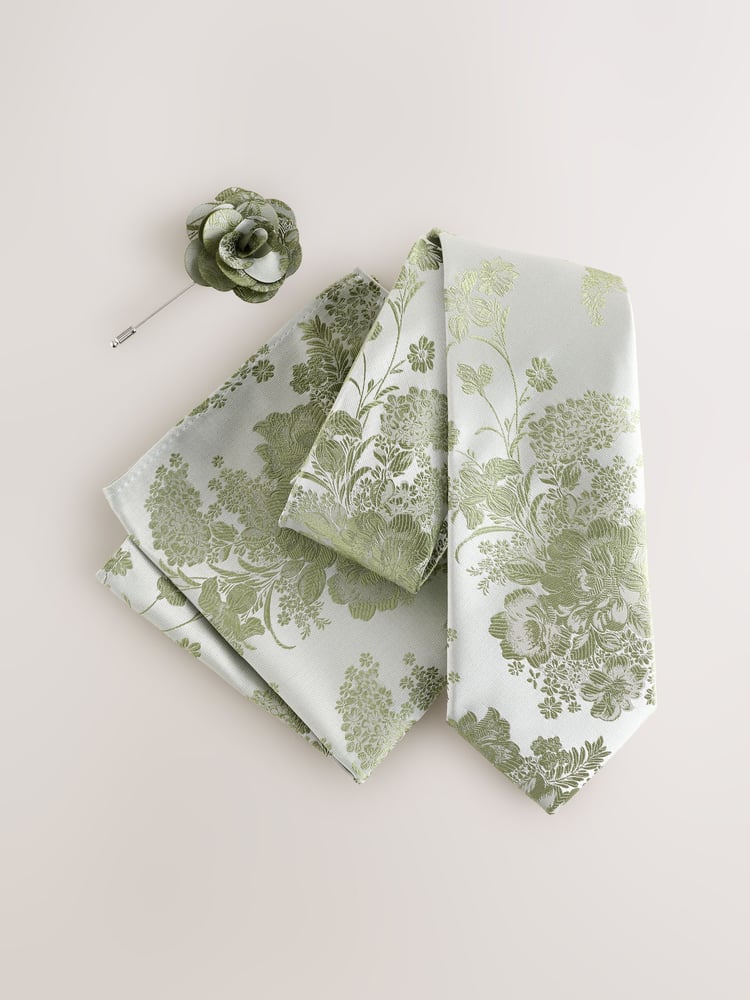 Green Floral Tie and Pocket Square Set - Image 2 of 4