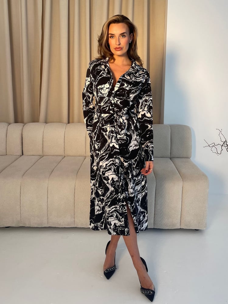 Girl In Mind Black Haisley Marble Print Maxi Shirt Dress - Image 1 of 6