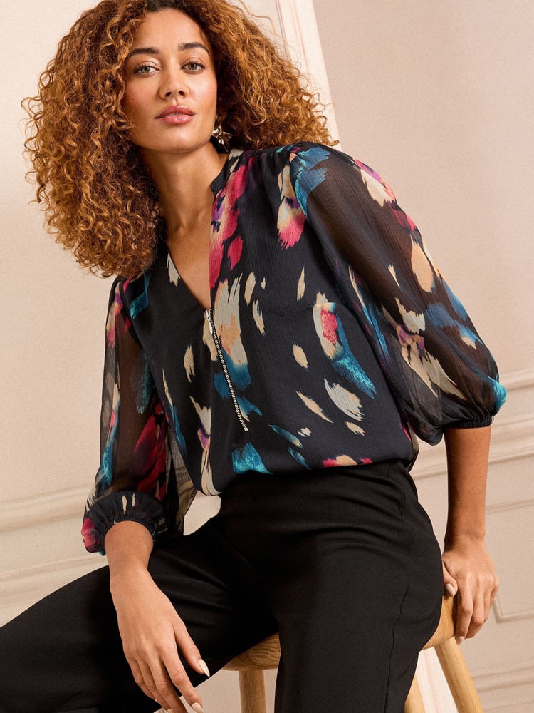 Love & Roses Black Abstract Petite Zip Front Mix Sheer Long Sleeve Length Blouse - Image 1 of 4 Love & Roses Black Abstract Petite Zip Front Mix Sheer Long Sleeve Length Blouse - Image 1 of 4