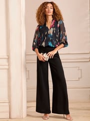Love & Roses Black Abstract Petite Zip Front Mix Sheer Long Sleeve Length Blouse - Image 3 of 4