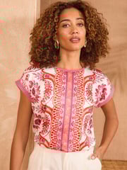 Love & Roses Pink and Orange Printed Petite Satin Front Jersey Back Crew Neck Top - Image 1 of 5