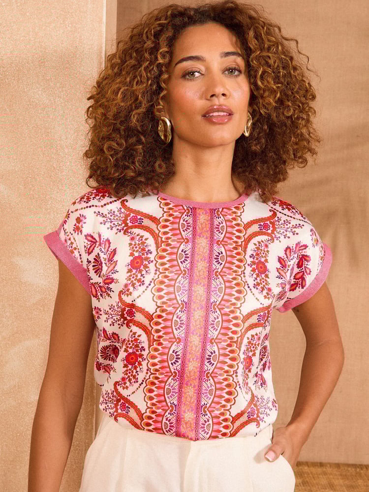 Love & Roses Pink and Orange Printed Petite Satin Front Jersey Back Crew Neck Top - Image 1 of 5