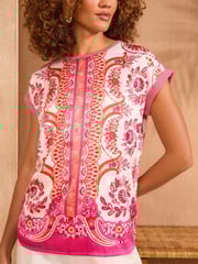 Love & Roses Pink and Orange Printed Petite Satin Front Jersey Back Crew Neck Top - Image 2 of 5